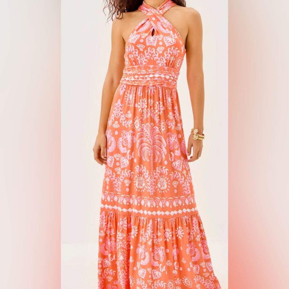 NWT Lilly Pulitzer Montecito halter maxi in papaya breezy Palm